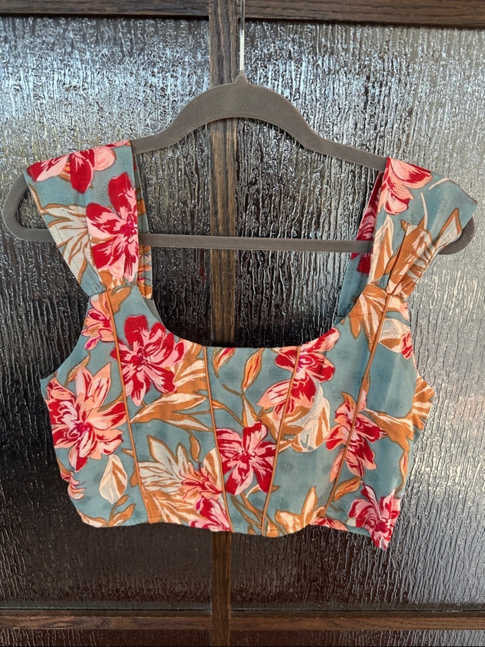 B.O.G. Floral Scoop Neck Crop Top in Teal and Pink size medium.